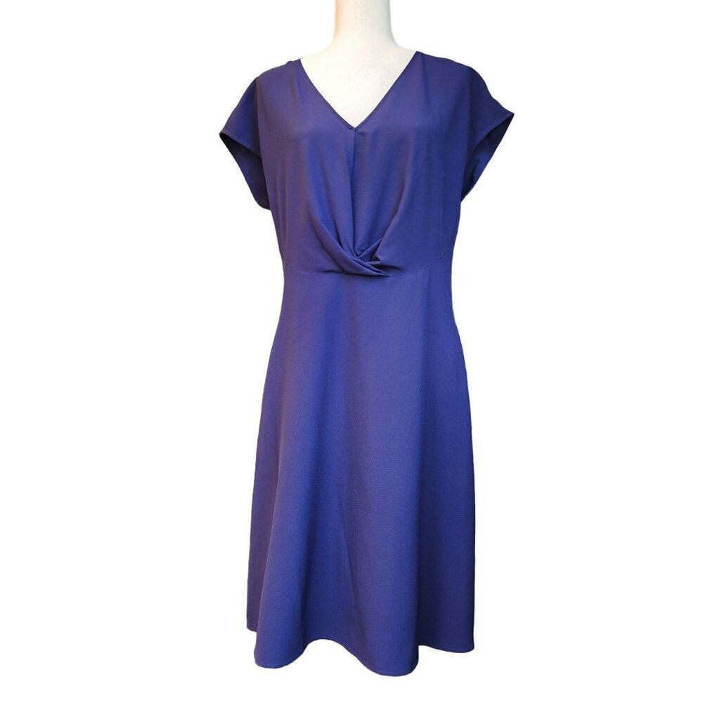Tahari  ASL Navy Blue Dress Short Sleeve V-Neck Twist Front Fit‎ & Flare Size10